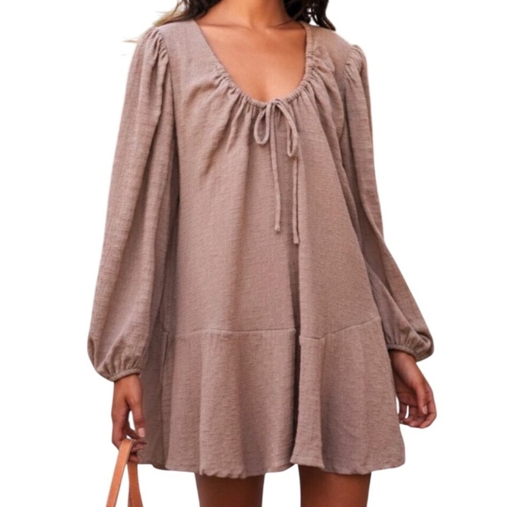 NWT Free People FP Beach Anderson Mini Dress City Fog Taupe Long Sleeve Size XS